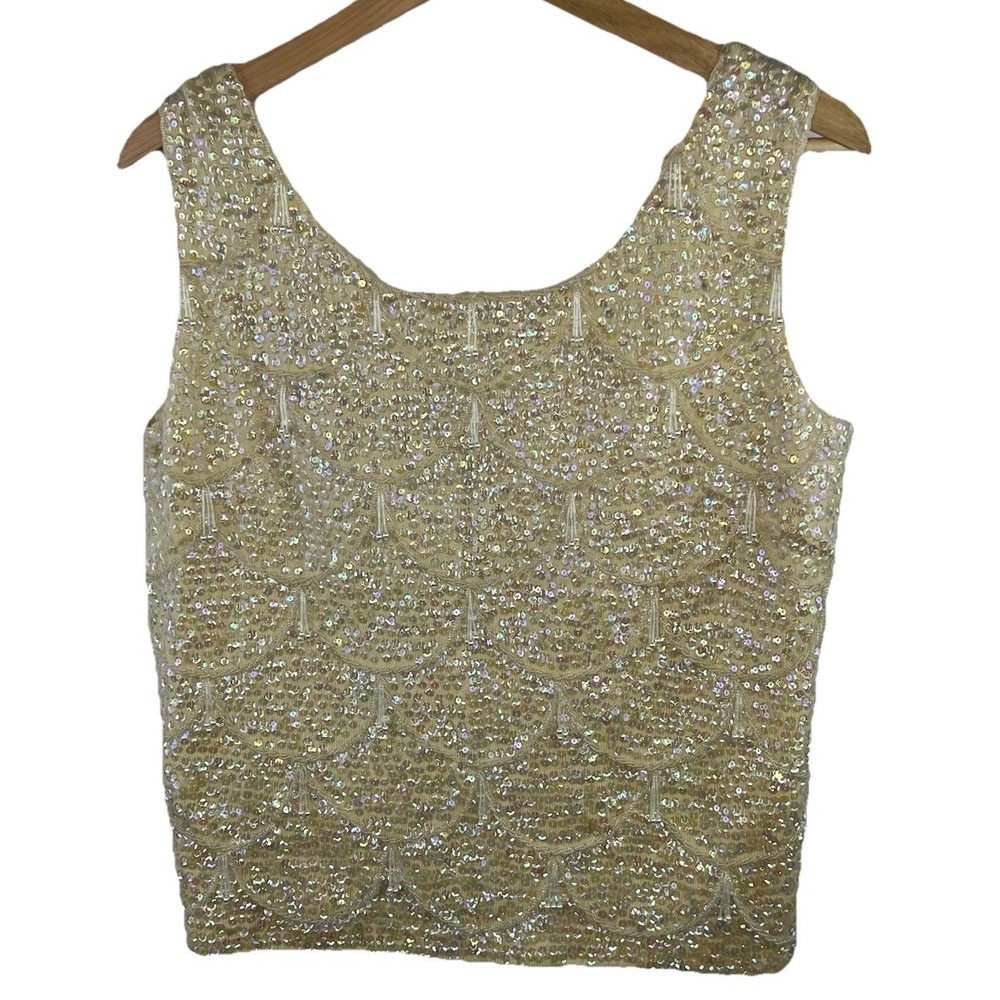 Mai Jacob Vintage 1950s 1960s Beaded Champagne Zip Back‎ Top Sm Sequin 100% Wool